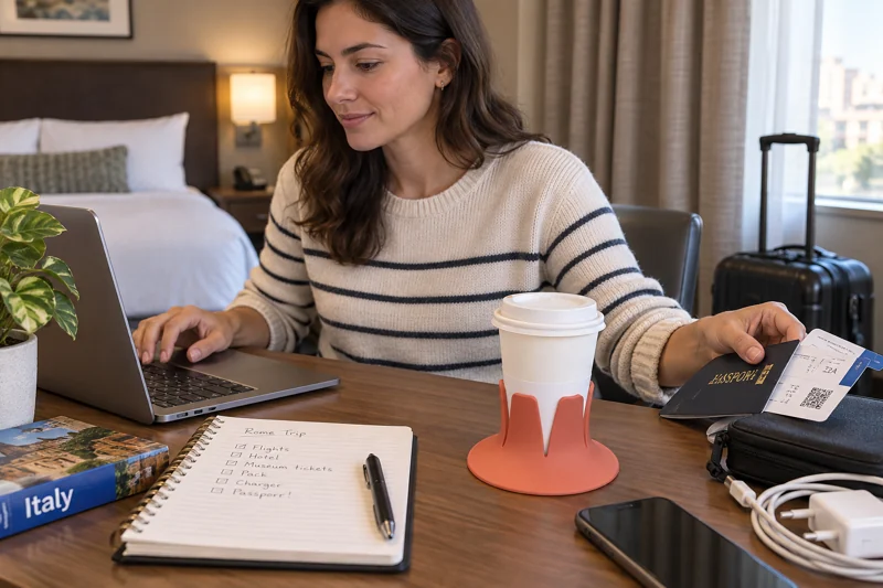 Adult working at a hotel-room desk while traveling with paper takeaway coffee cup with sipping lid in Steadi on hotel desk alongside travel notebook with clear hand path. AI illustration.